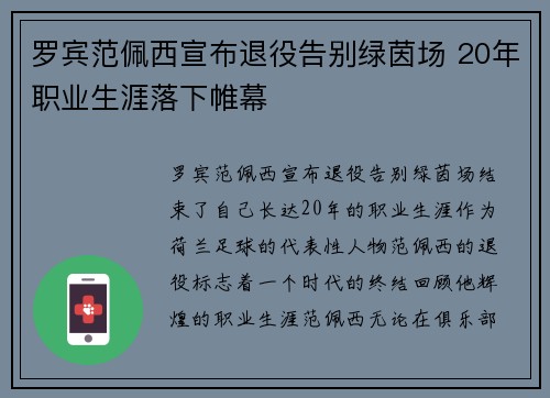 罗宾范佩西宣布退役告别绿茵场 20年职业生涯落下帷幕