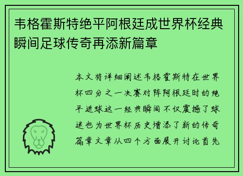 韦格霍斯特绝平阿根廷成世界杯经典瞬间足球传奇再添新篇章